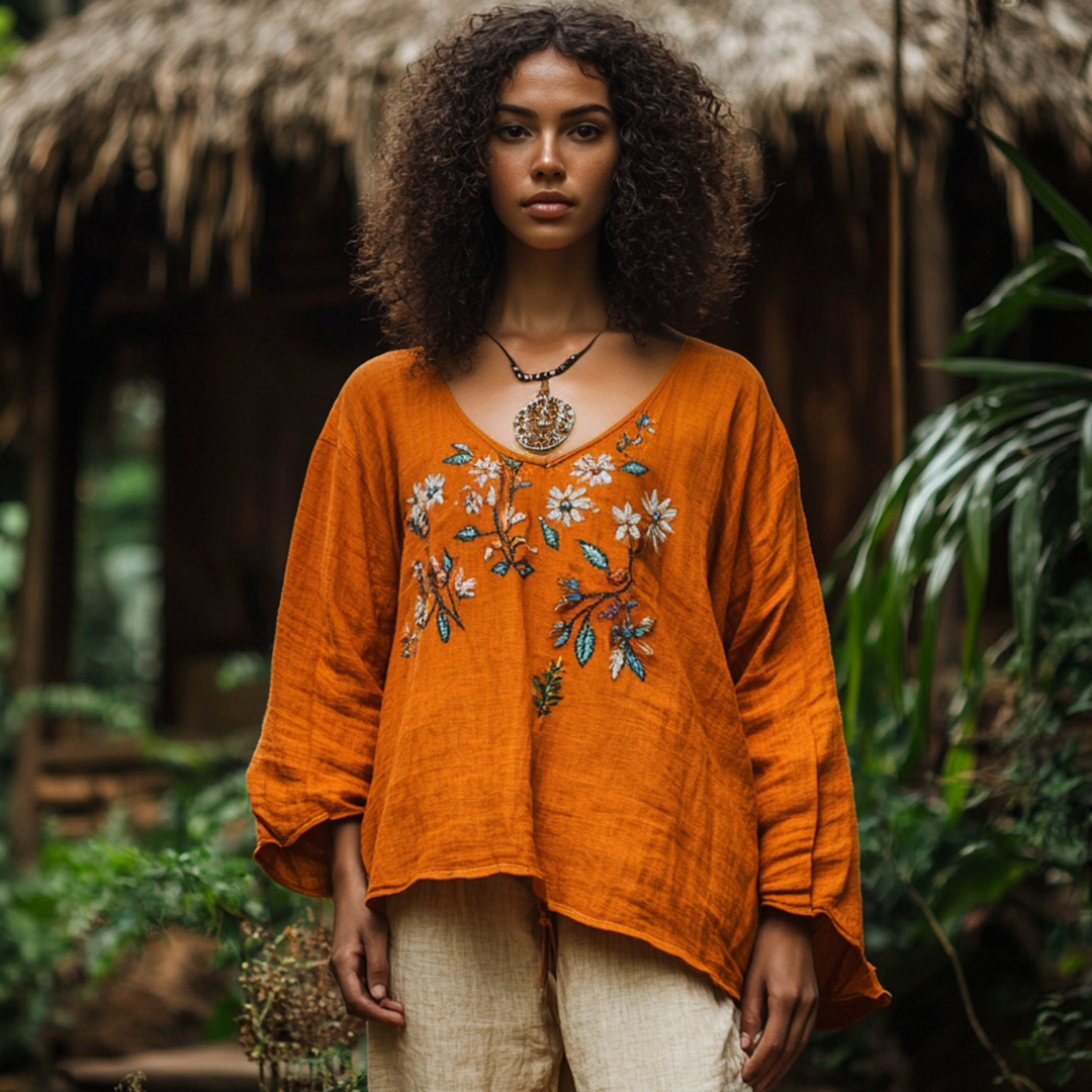 Retro Bohemian Floral Art Embroidery Print Cotton And Linen Blend Loose Blouse