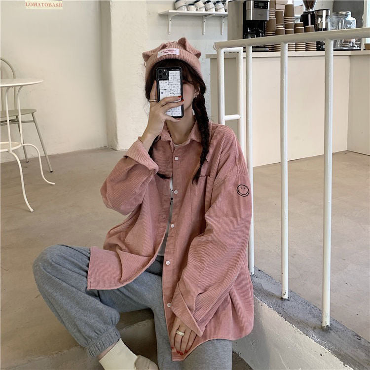 Smile Emoticon Pattern Long Sleeve Corduroy Blouse