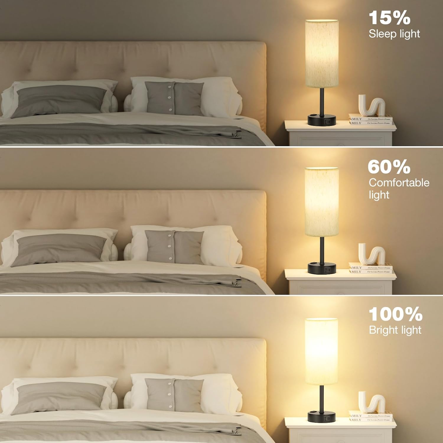 Bedside Table Lamp for Bedroom - 3 Way Dimmable Touch Lamp USB C Charging Ports and AC Outlet, Small Lamp Wood Base Round Flaxen Fabric Shade for Living Room, Desk, LED Bulb Included