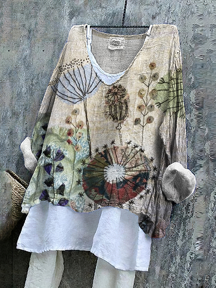 Retro Floral Embroidered Art Linen Blend Tunic