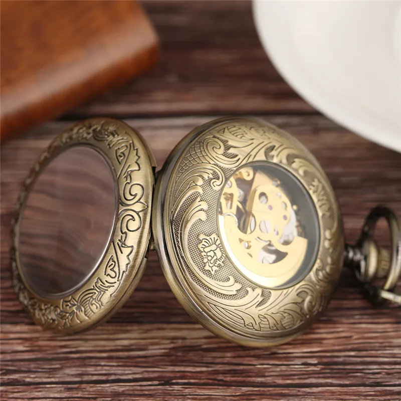 Antique Pocket Watch Men's Automatic Mechanical Watches Half Hunter Case Roman Number Display Clock with Pendant Chain Reloj