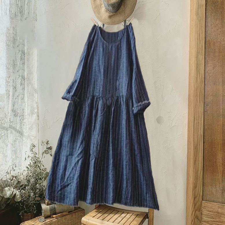 Retro Round Neck Long Sleeve Gathered Loose Linen Maxi Dresses