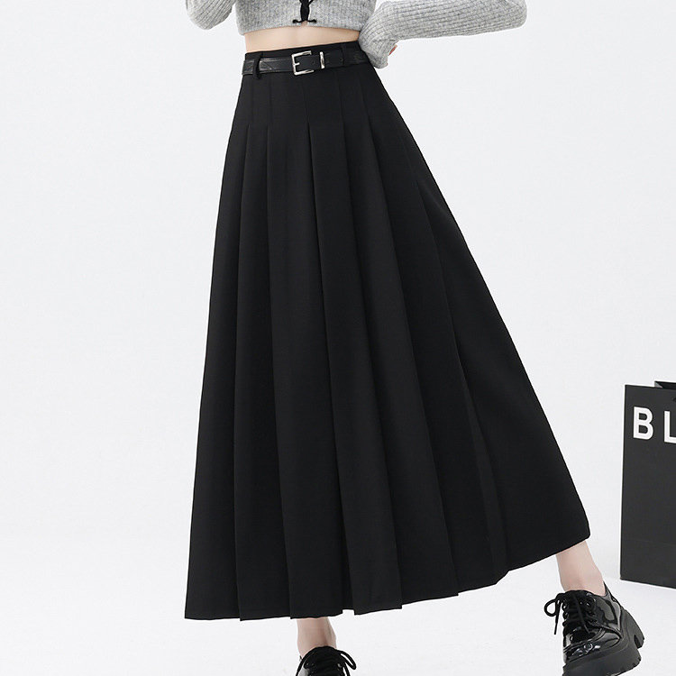 Black High waist show thin pleated skirt belt suit skirt