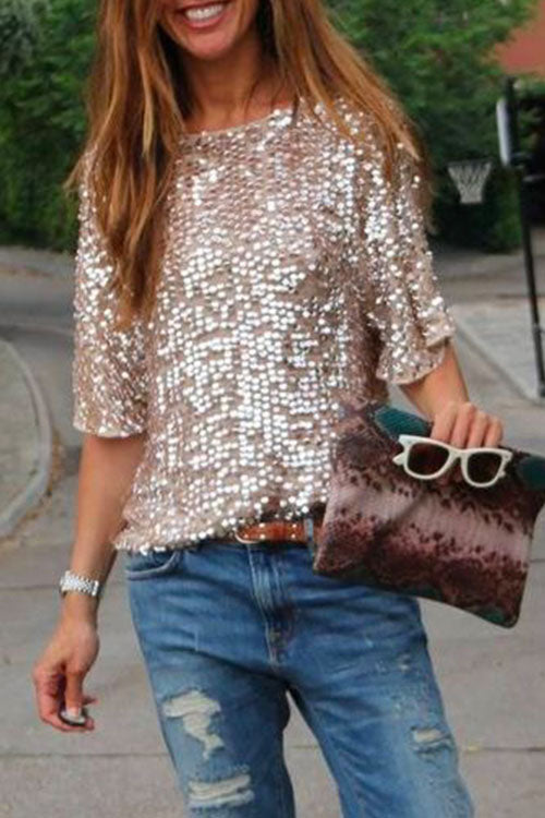 Heididress Crewneck Half Sleeve Sequin T Shirt