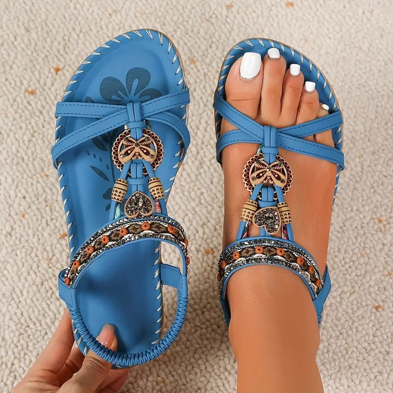 👣Women's rhinestone butterfly flat sandals, bohemian style open toe elastic summer sandals