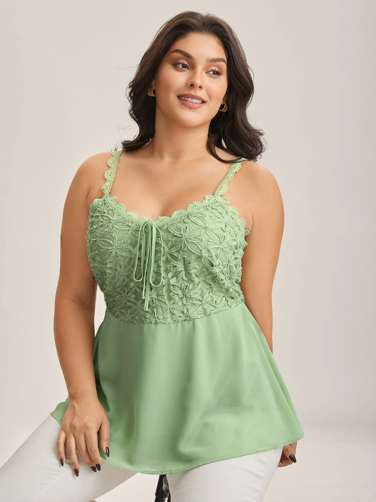 Textured Lace Tie Flared Tank Top