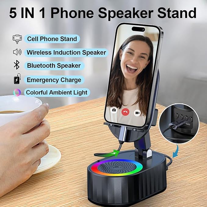 💥LAST DAY SALE 50% OFF🔥2024Upgraded Cell Phone Stand with Induction Speaker/Power Bank/Atmosphere Light（Functionality 5 in 1）