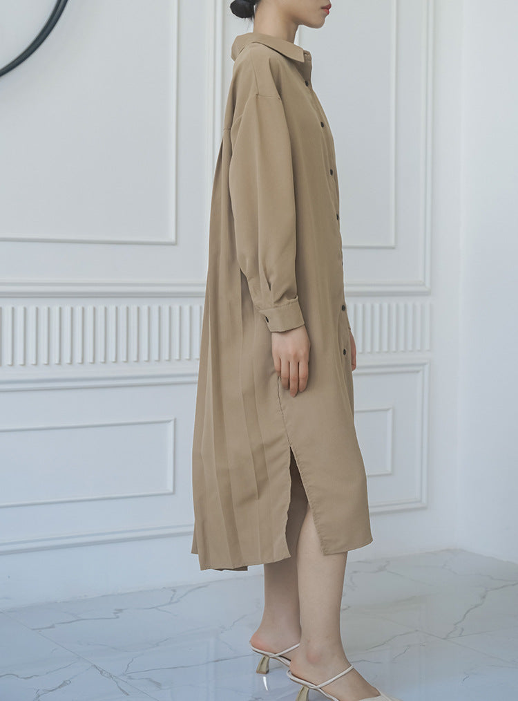 Spring Autumn Loose Overknee Dress Women Casual Large Version Back Pleated Long Shirt Dress