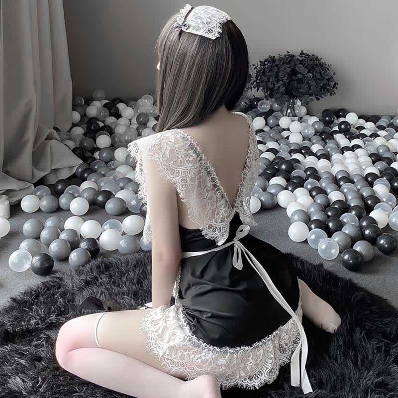 Cosplay Maid Deep V-neck Lace Lingerie Dress
