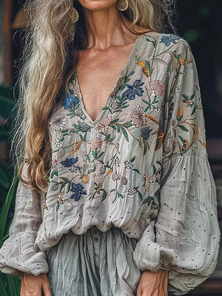 Bohemian Style Linen Floral Art Print Long Sleeve Shirt