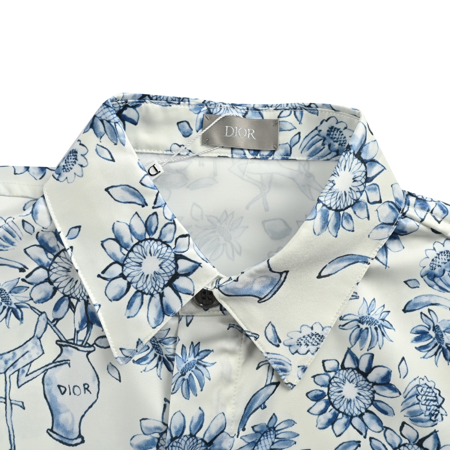 Dior Blue and White Porcelain Style Full Print Short Sleeve Shirt