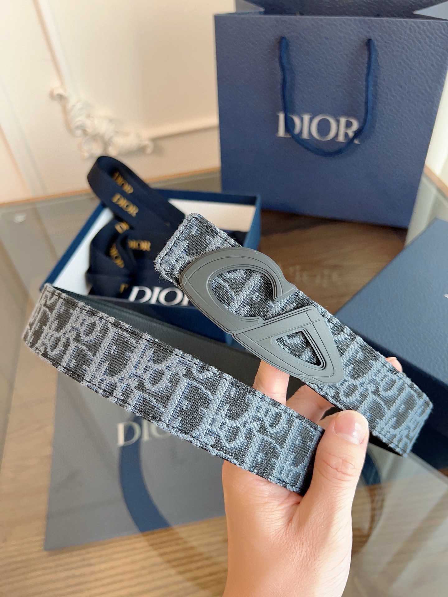 Dior Oblique light blue cloth and black cowhide leather belt width 3.5cm