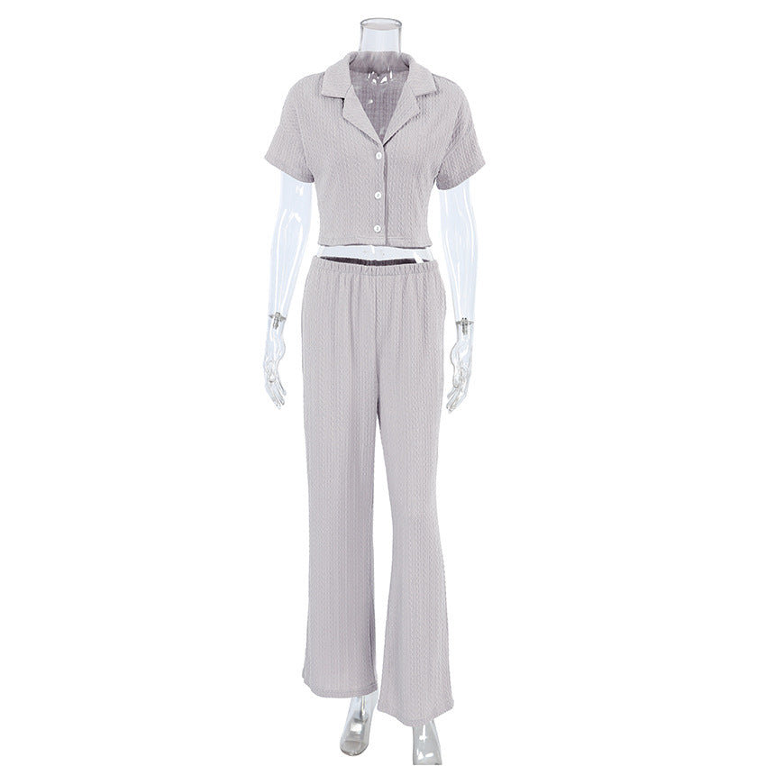 Spring Summer Pajamas Suit Fashionable Knitted Short Sleeved Trousers Hollow Out Cutout Home Wear Women Comfortable