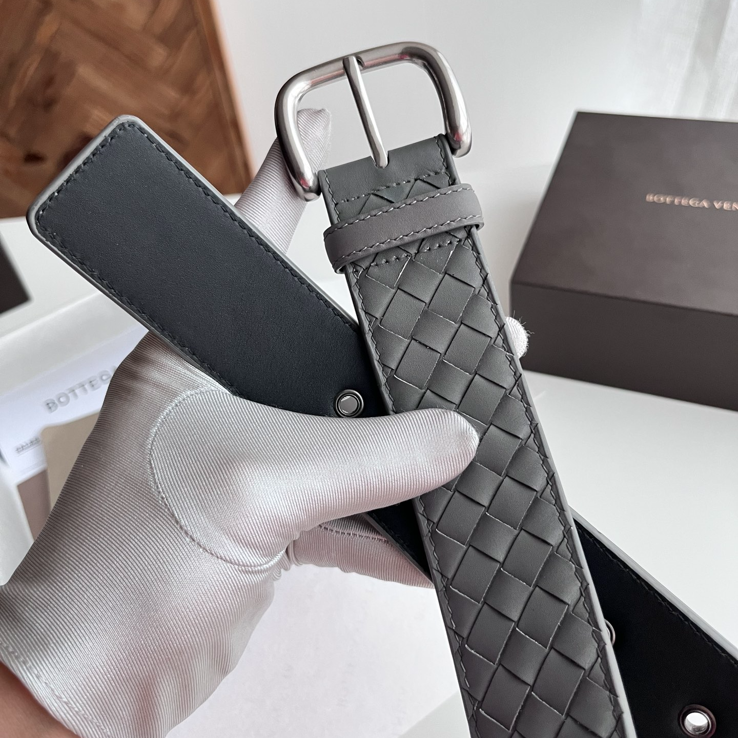 Bottega Veneta intreccio woven cowhide double-sided belt width 4.0cm