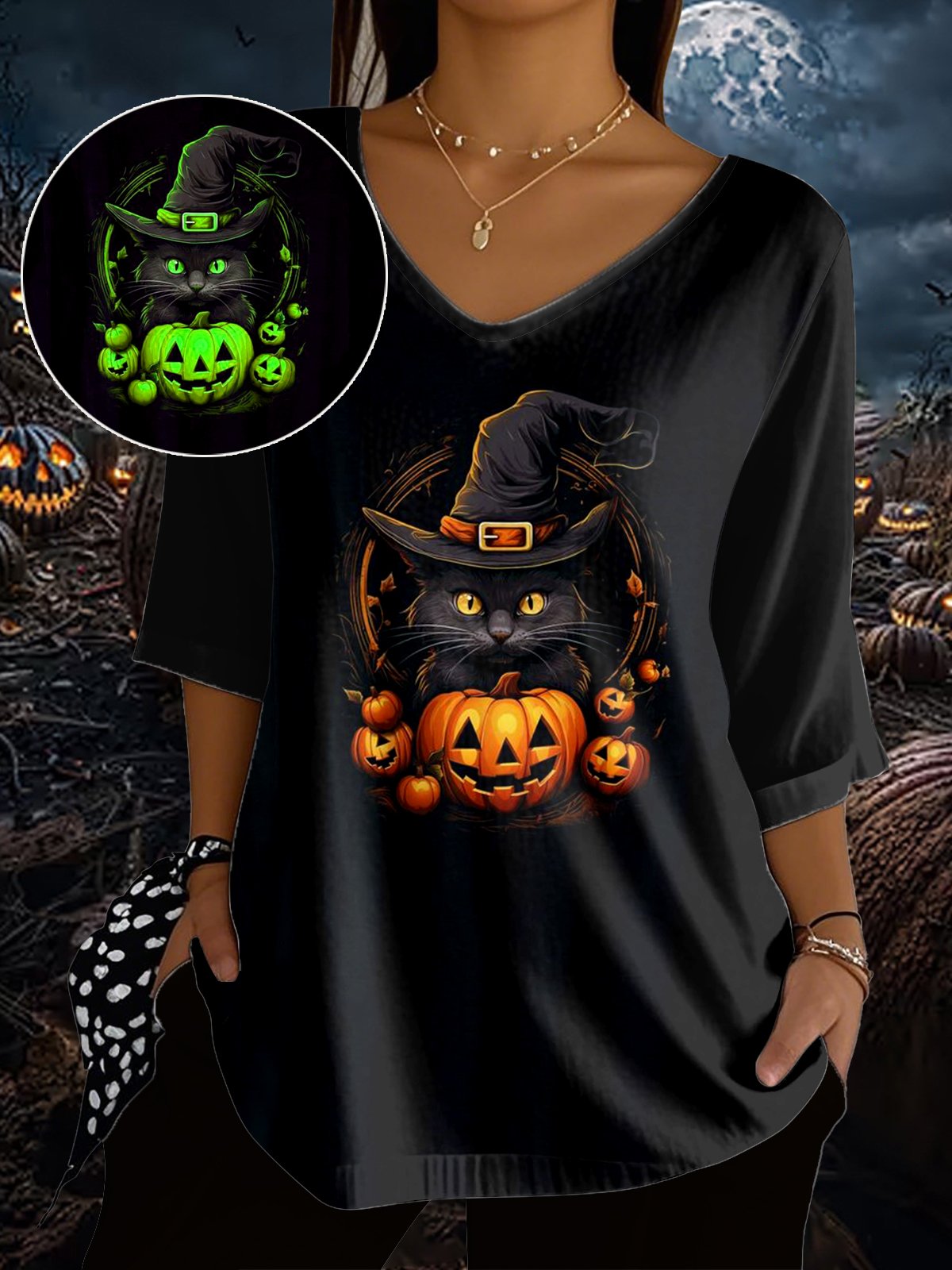 🔥Buy 3 Get 10% Off🔥Women's Halloween Evil Black Cat Pumpkin Luminous Printed Casual Long T-Shirt