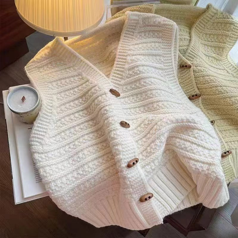 V-Neck Cardigan with Horn Button Design and Three-Dimensional Pattern