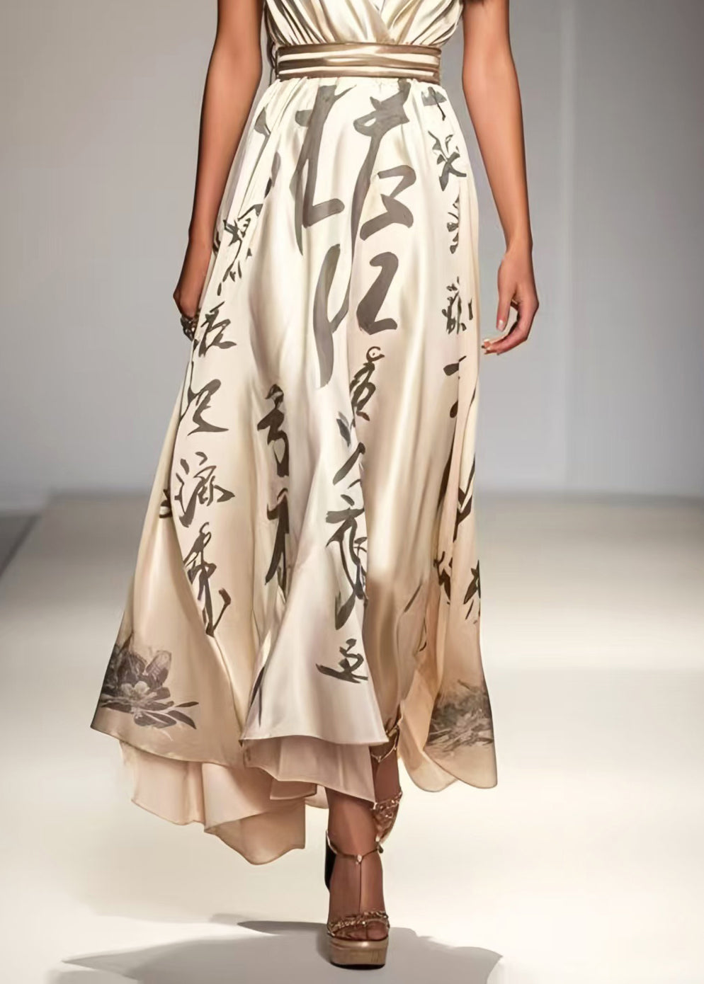 Unique Apricot Cinched Print Silk Holiday Dress Sleeveless