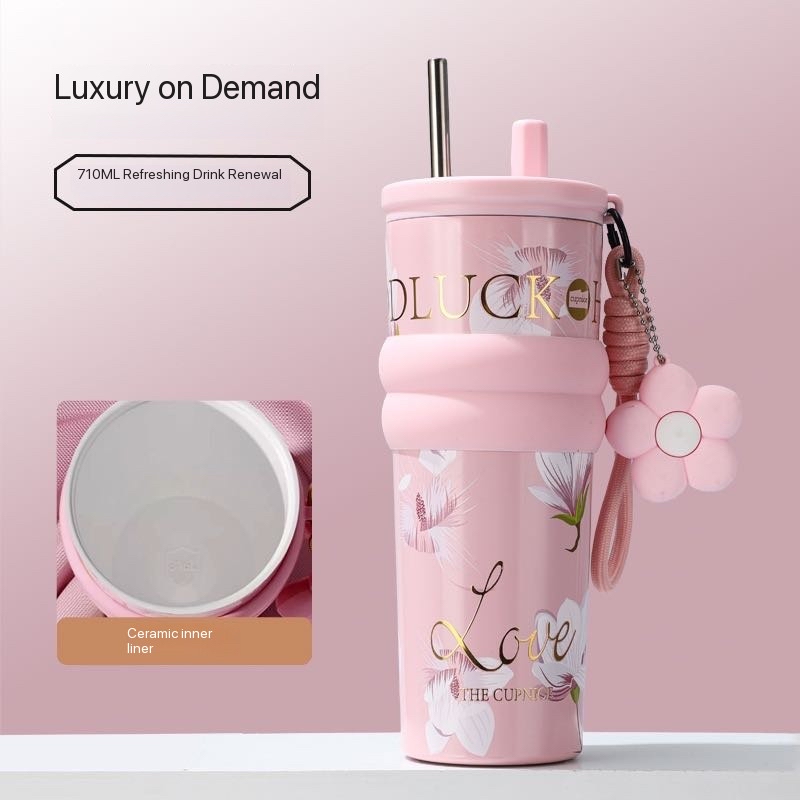 Floral pattern insulated water bottle, large capacity, stainless steel straw cup, perfect for use in the car or office.