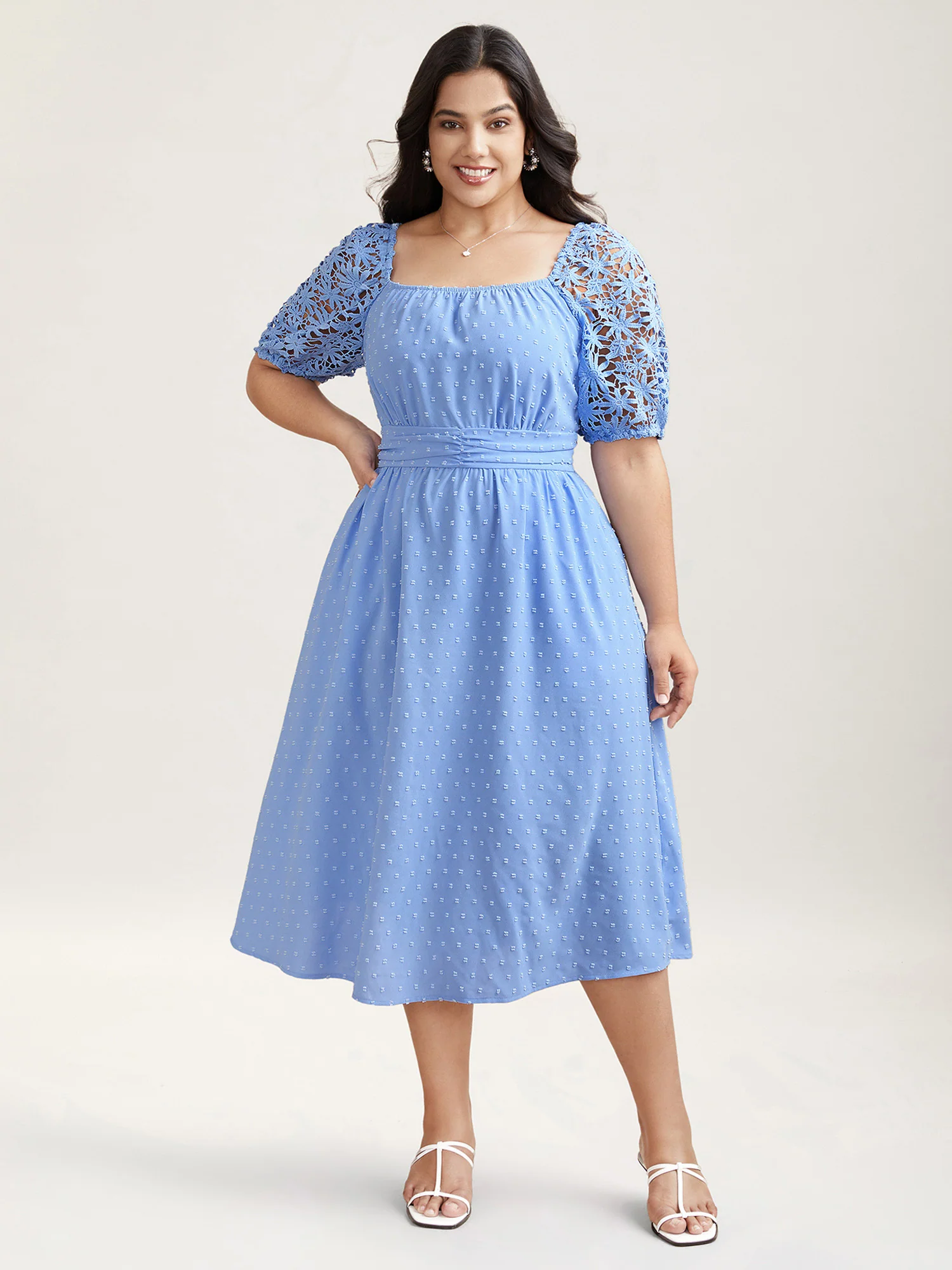 Textured Lace Sleeve Stretchy Waist Midi Dress