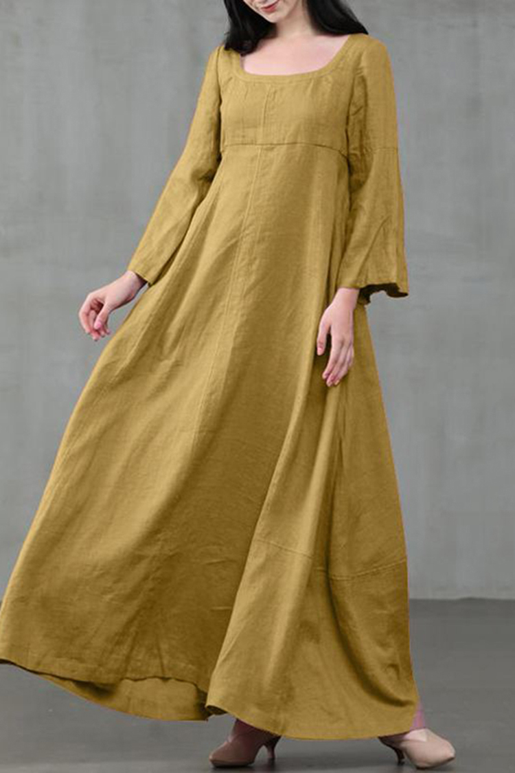 Vintage Round Neck Plain Long Sleeve Maxi Dress