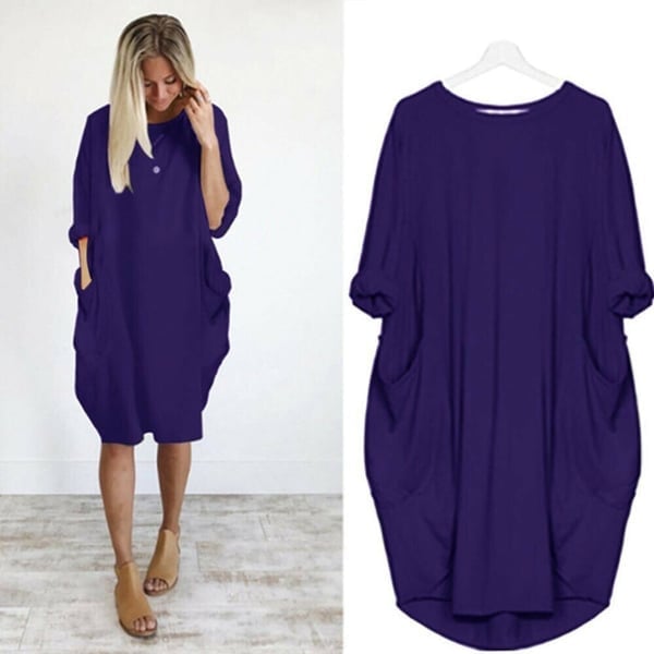 💝17 Colors Women Casual Loose Pocket Long Sleeves Dress