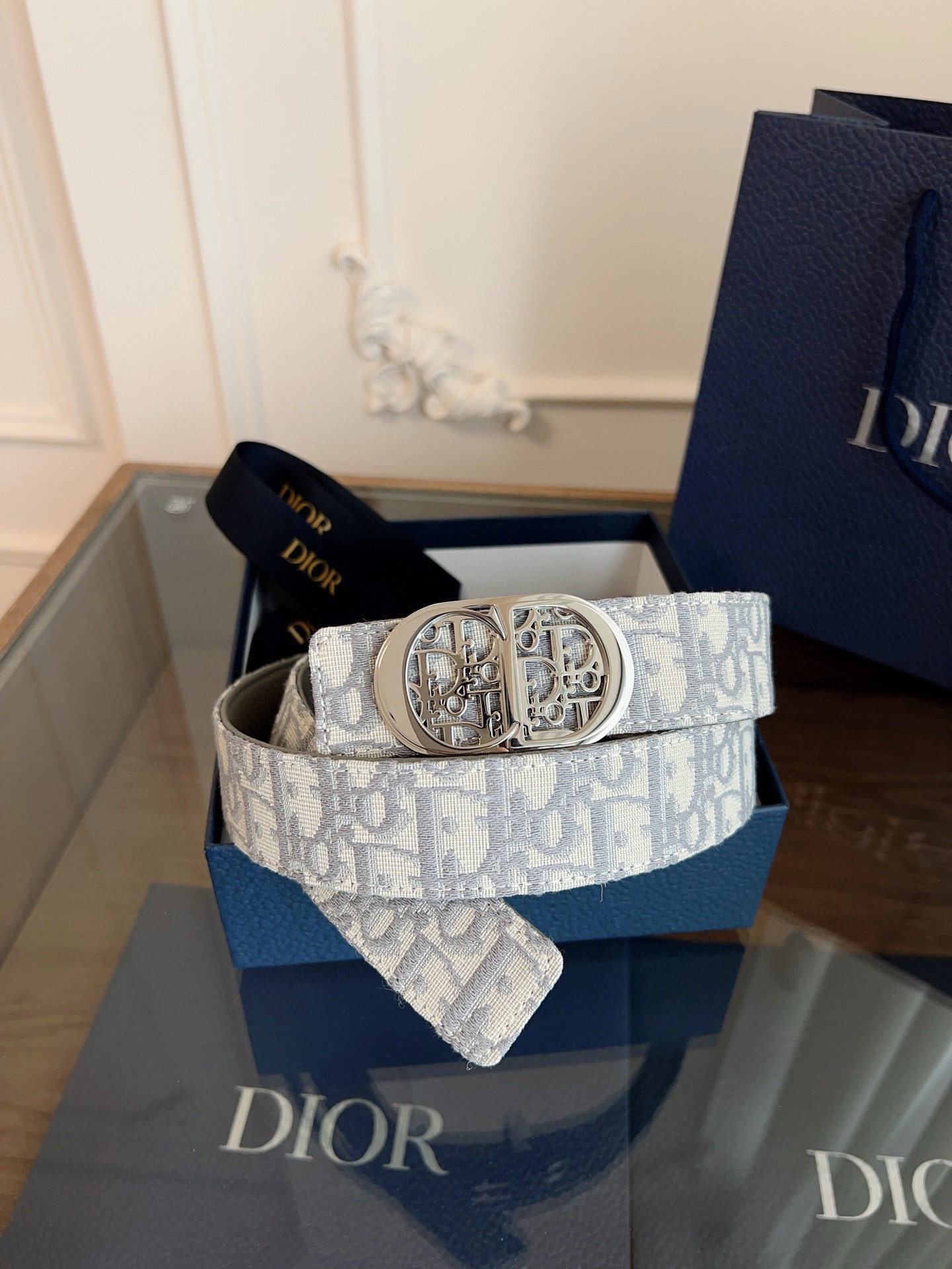 Dior Oblique grey cloth grey cowhide leather belt width 3.5cm