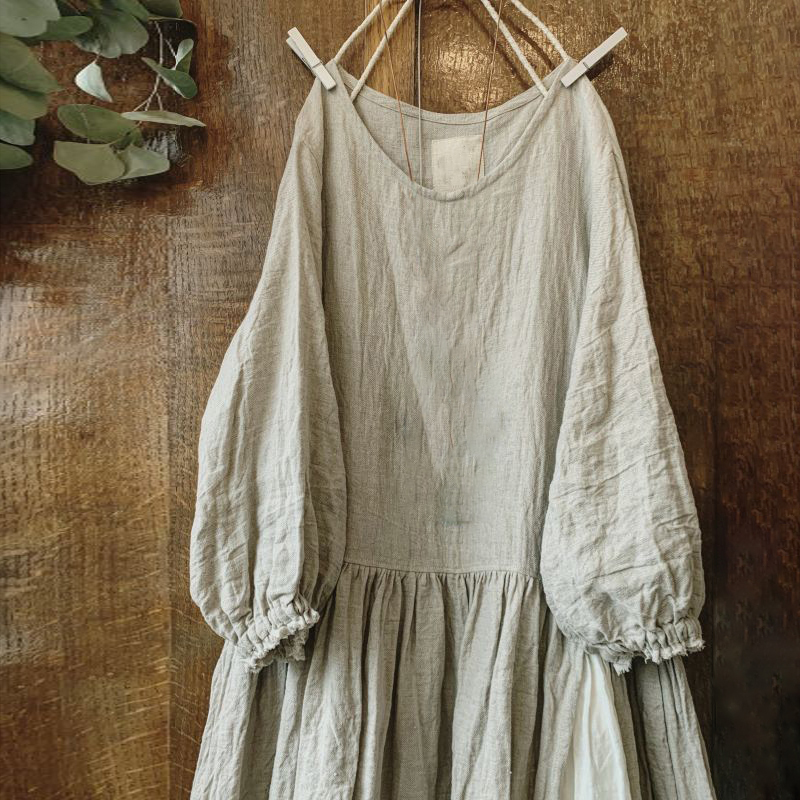 Vintage V Neck Balloon Sleeve Cotton Linen Midi Dresses