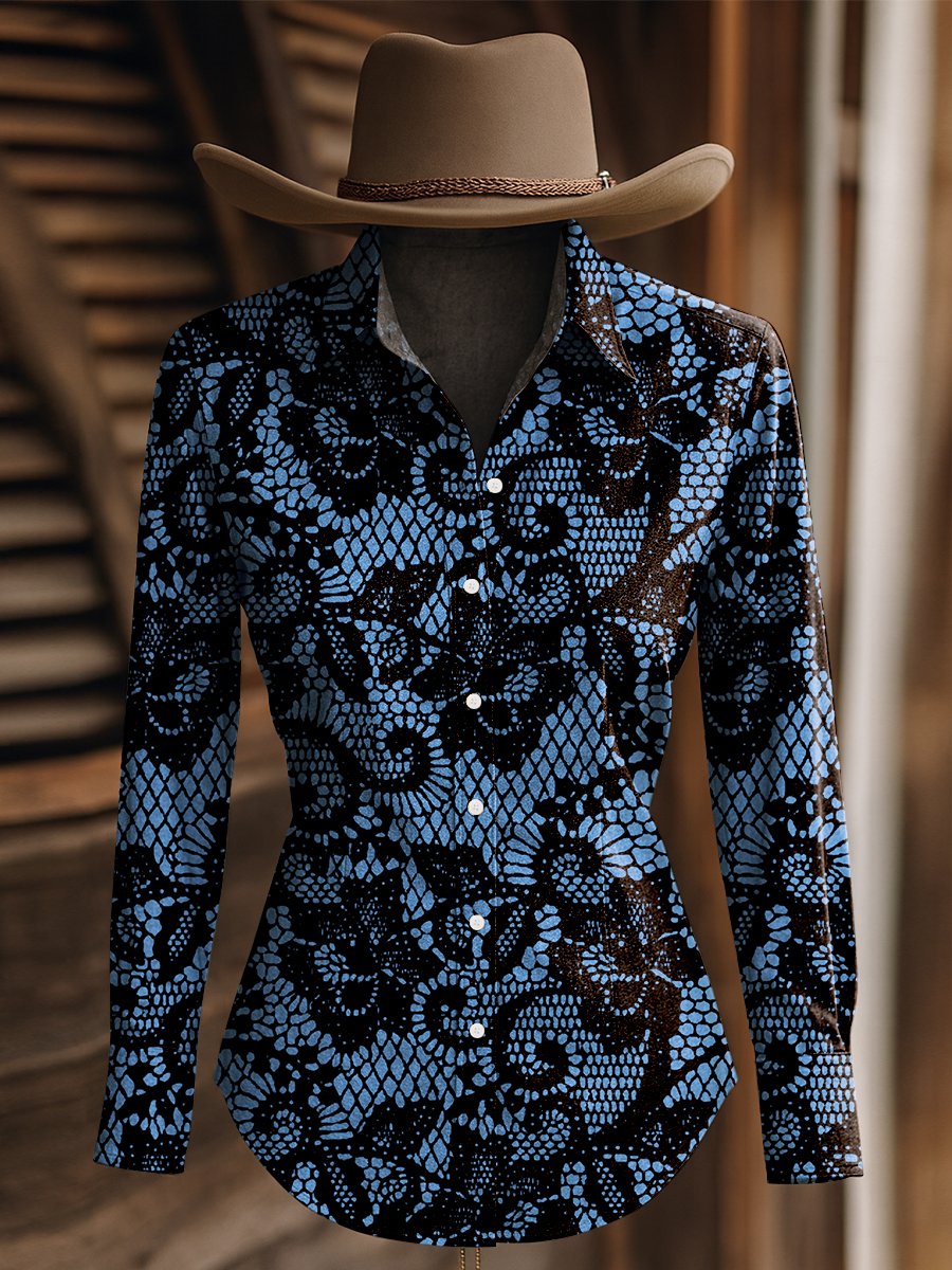 Women's Vintage Black and Pink Floral Print Western Long Sleeve Shirt