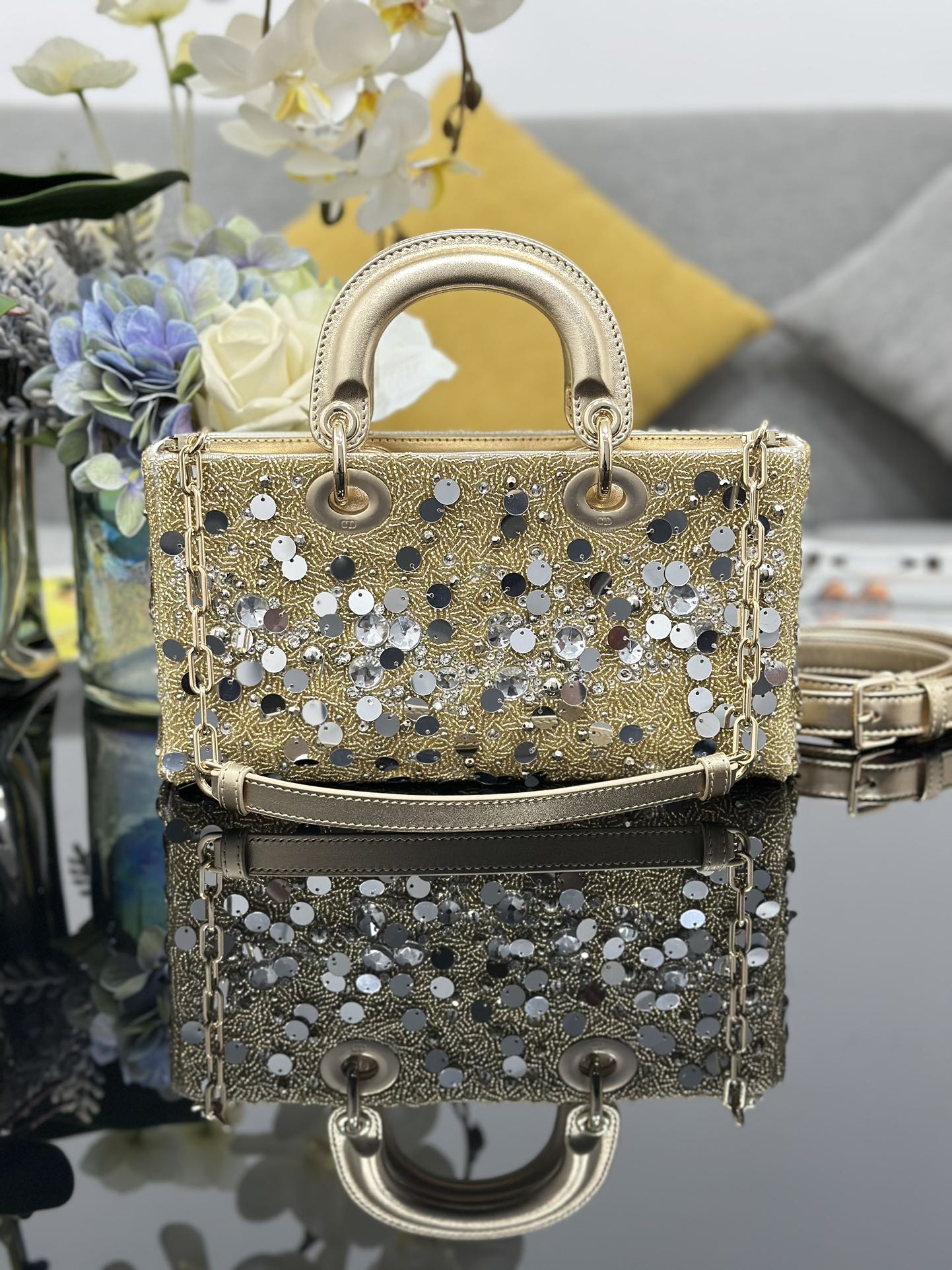 Dior Lady D-Joy Medium Embroidered Sequin Gold Lady Diana Bag M0540