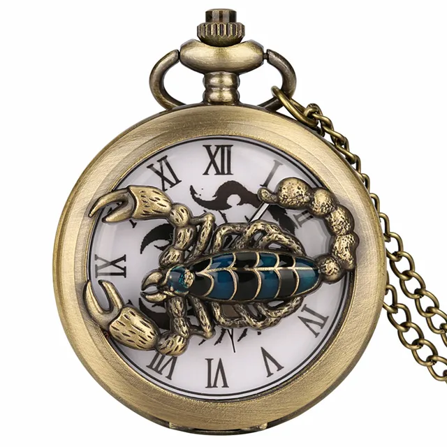 Bronze Half Hunter Roman Numerals Analog Quartz Pocket Watch for Men Women Hollow-out Scorpion Design Sweater FOB Chain Gift