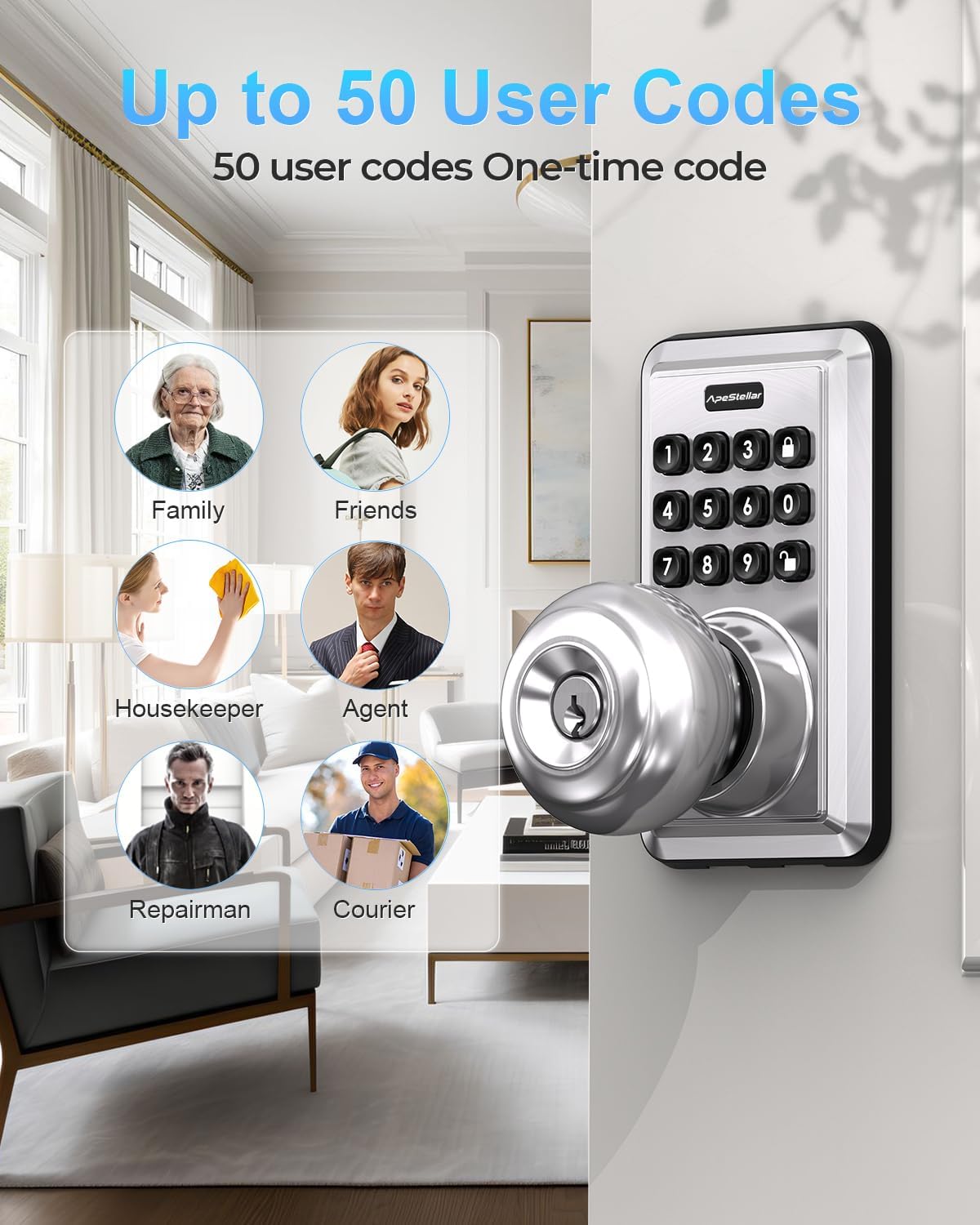Door Knob with Keypad, Door Lock with Code, Keyless Door Knob, Auto Lock,50 User Code,Waterproof, Easy to Install and Program for Bedroom Garage Office Gate - Satin Nickel -ApeStellar