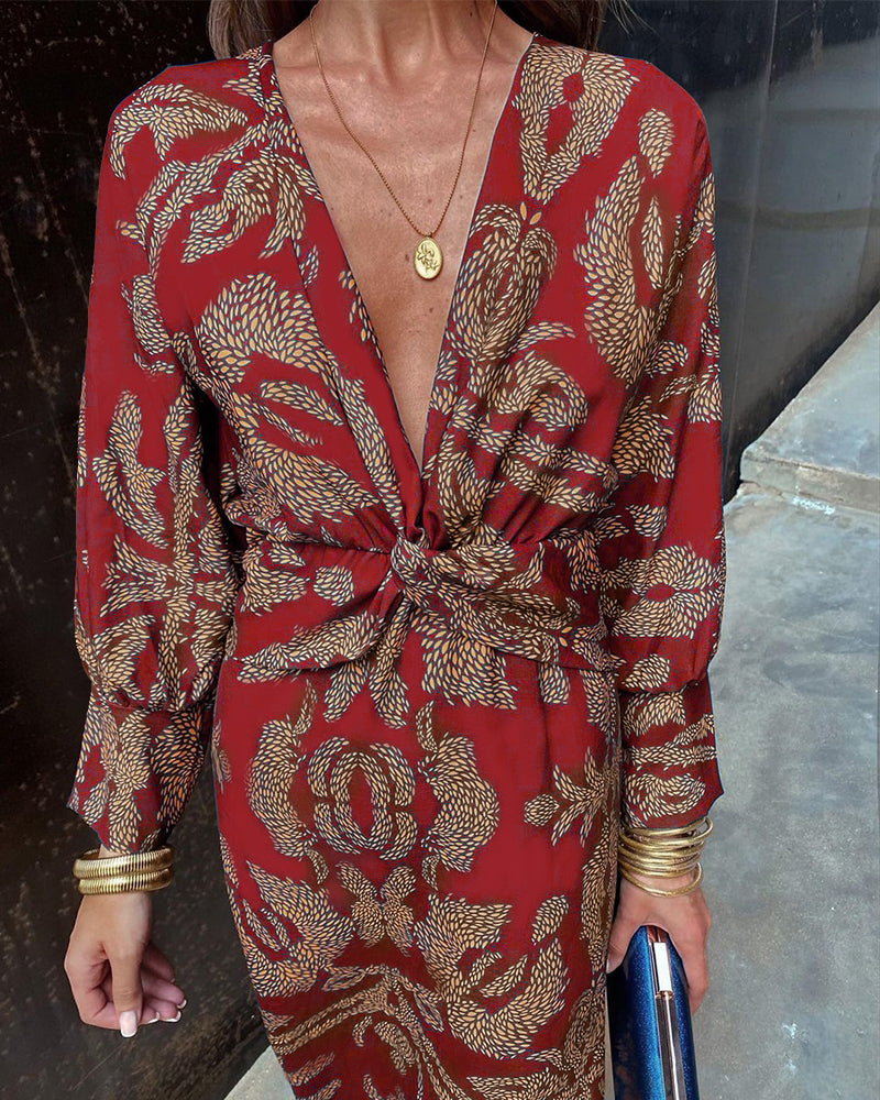 Vintage Draped Long Sleeve Midi Dress