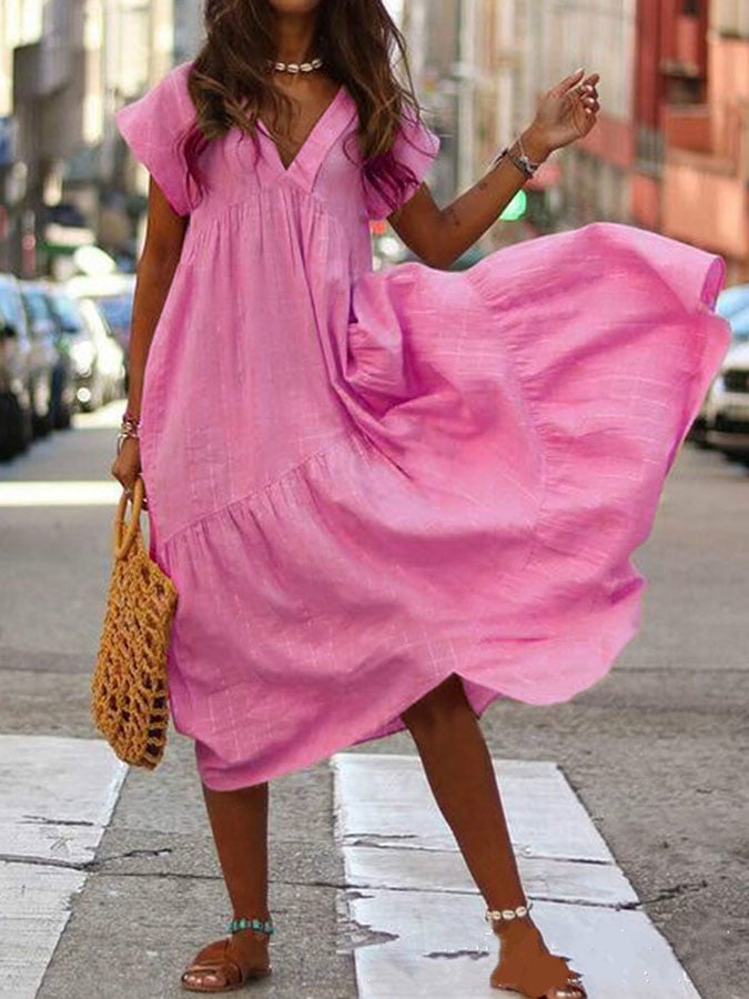 Solid Color V-Neck Short Sleeve Dress