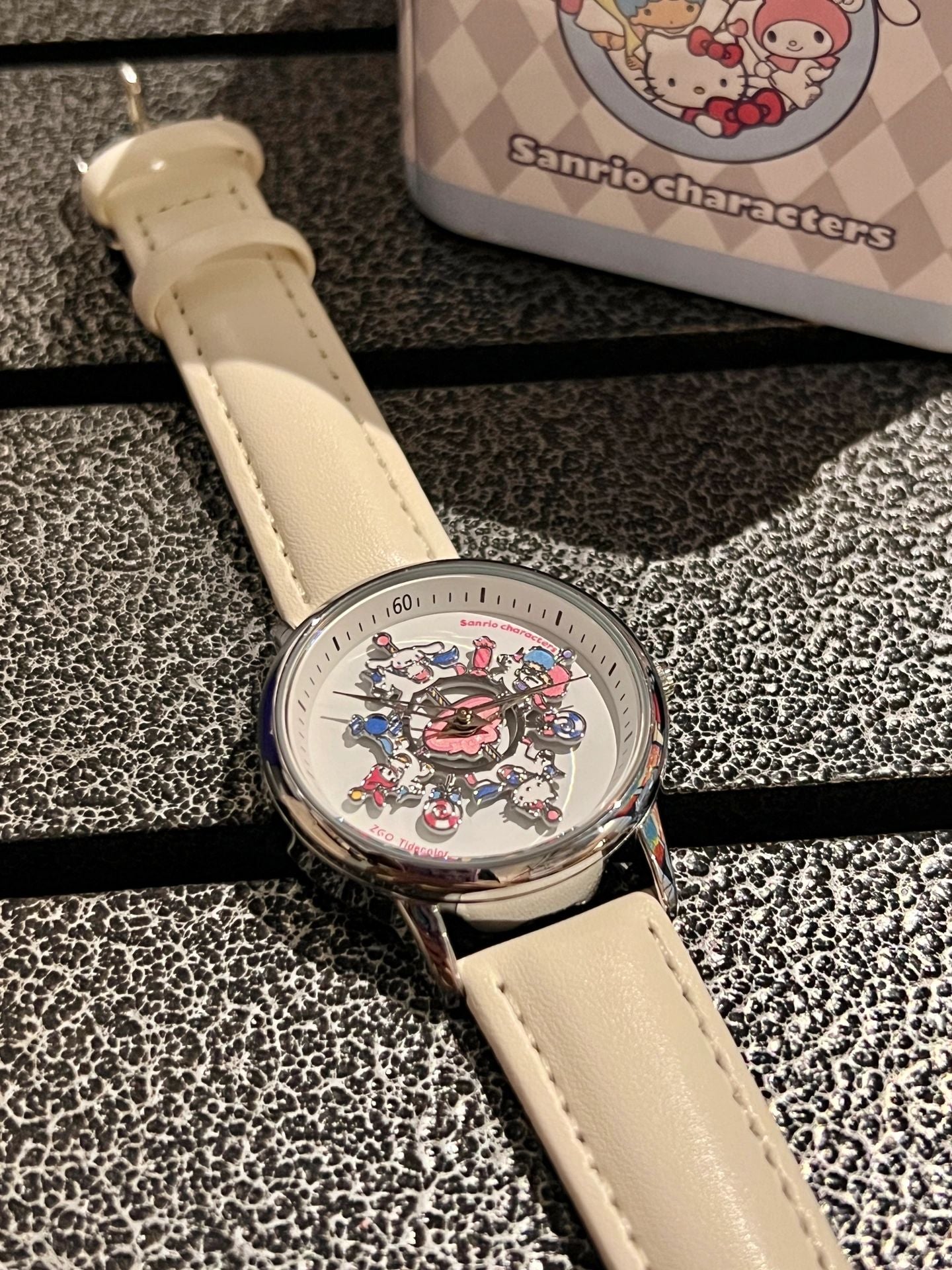 Sanrio Women Carousel Turntable Watch Gift Box | Casual Ladies Wristwatch Silver-Tone Case with White Fabric Strap (36mm)