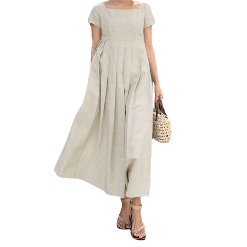 Cotton And Linen Dress Large Swing Short Sleeve Square Collar Elegant