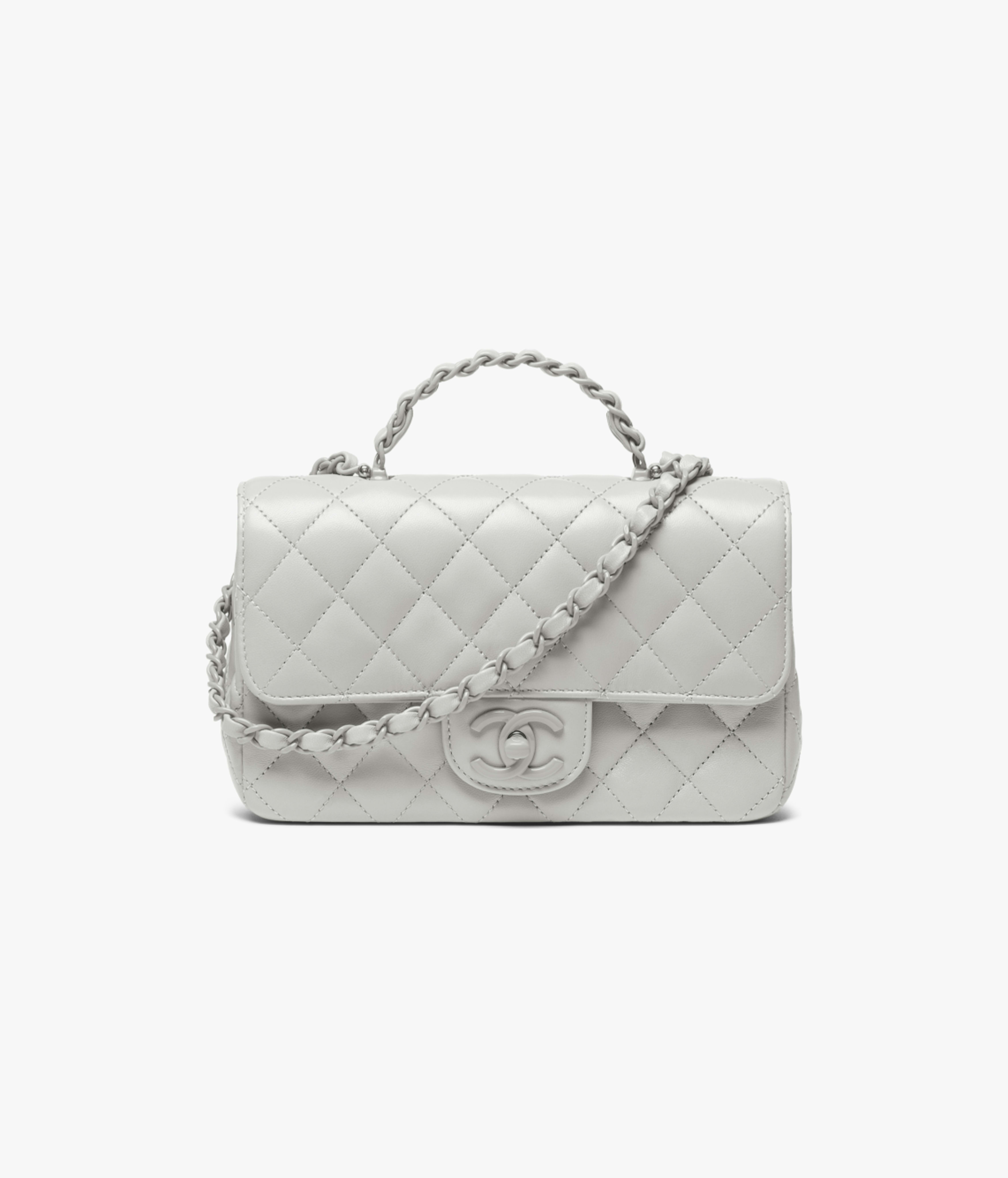 Chanel Mini Flap Bag with Top Handle Lambskin & Lacquered Metal Light Gray AS5243-B18687-NAAUH