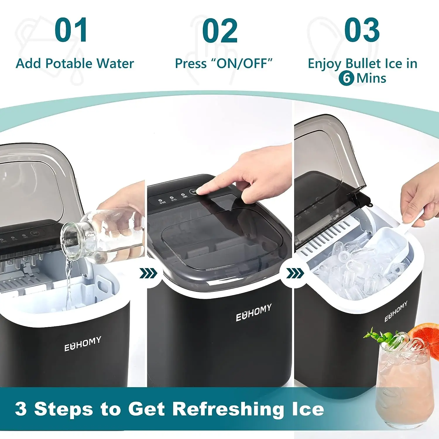 EUHOMY Ice Maker Countertop with Handle, 26lbs in 24Hrs, 9 Ice Cubes Ready in 6 Mins, Auto-Cleaning Portable Ice Maker with Basket and Scoop, for Home/Kitchen/Camping/RV. (2026 New Silver) Utensils