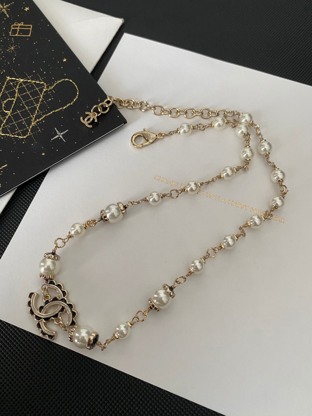 CHAN 24 black enamel lace double c pearl necklace