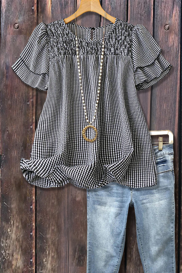 Casual Checkered Tiered Short Sleeve Top