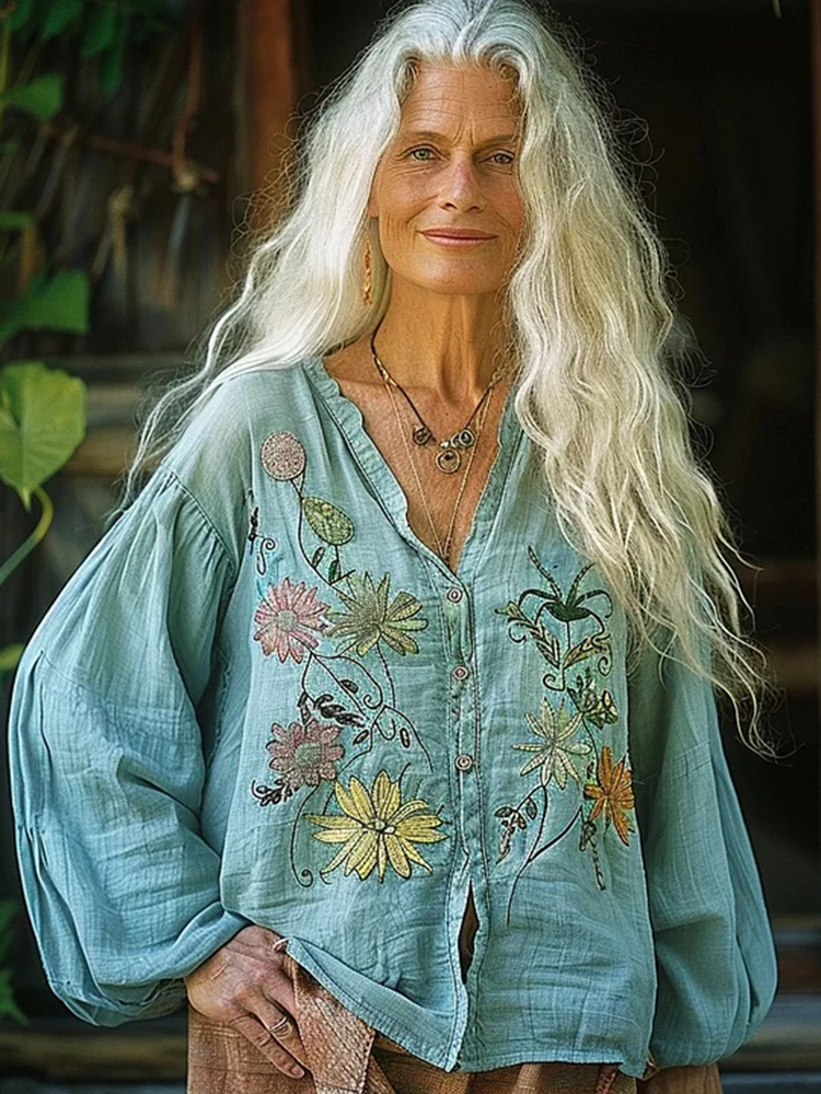 Vintage Bohemian Style Linen Floral Art Print Long Sleeve Loose  Shirt
