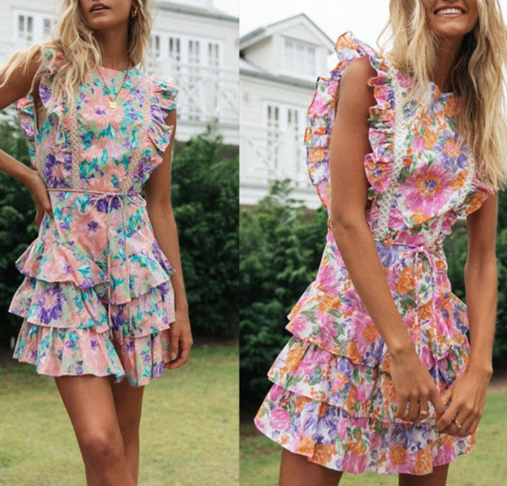 Women's Printed Round Neck Halter Cake Dress