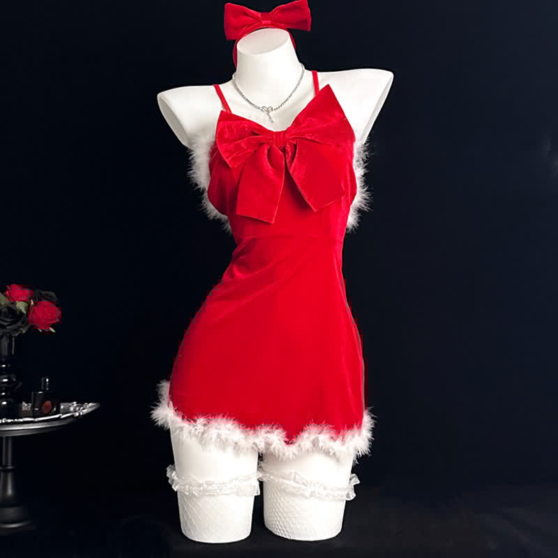 Sexy Backless Christmas Lingerie Dress Stockings Set