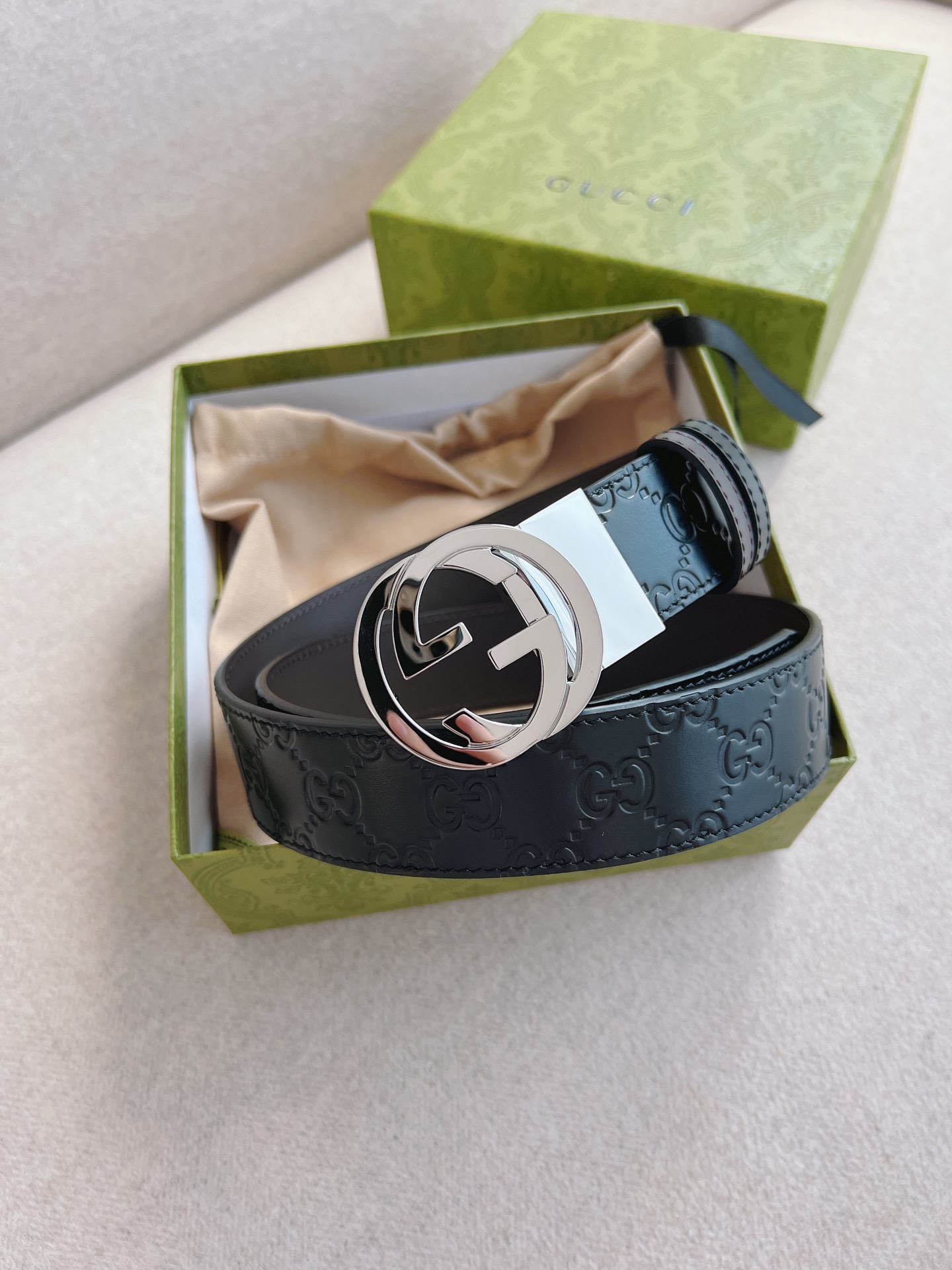 Gucci Signature printed cowhide double-sided belt 3.70CM wide