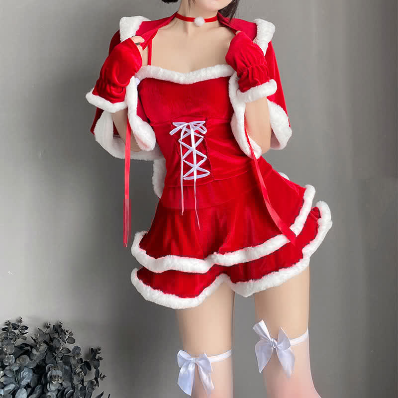 Christmas Bunny Ears Hooded Cloak Velvet Lingerie Set