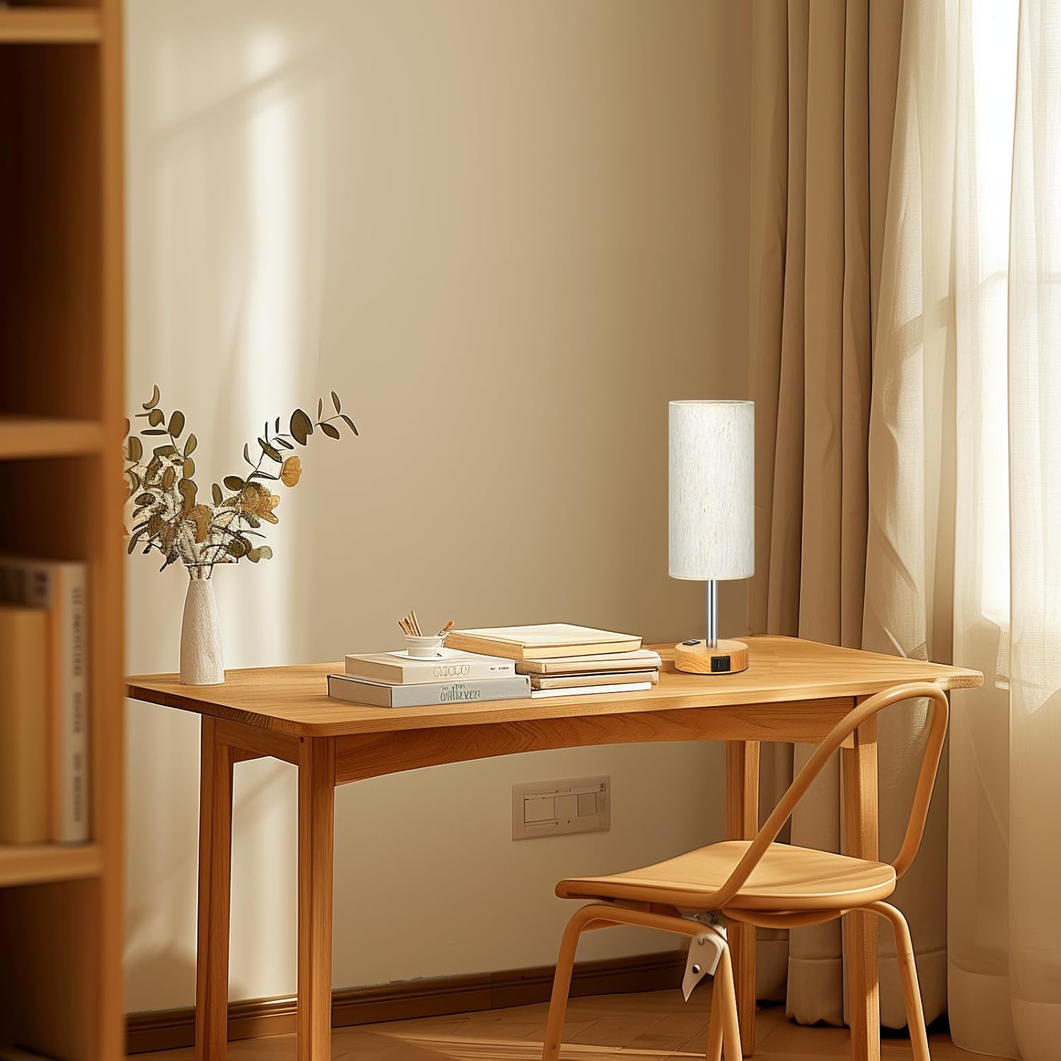 Bedside Table Lamp for Bedroom - 3 Way Dimmable Touch Lamp USB C Charging Ports and AC Outlet, Small Lamp Wood Base Round Flaxen Fabric Shade for Living Room, Desk, LED Bulb Included