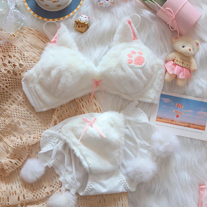 Kawaii Cat Claw Embroidery Plush Lingerie Set