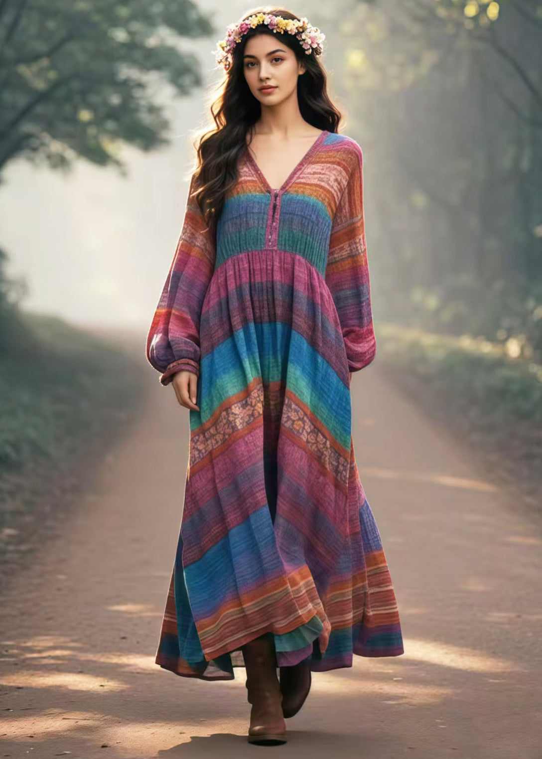 Vintage Multicolour Oversized Print Cotton Long Dresses Spring