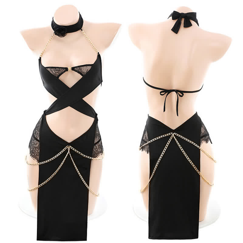 Han Costume Sexy Halter Hollow Out Chain Lingerie Dress