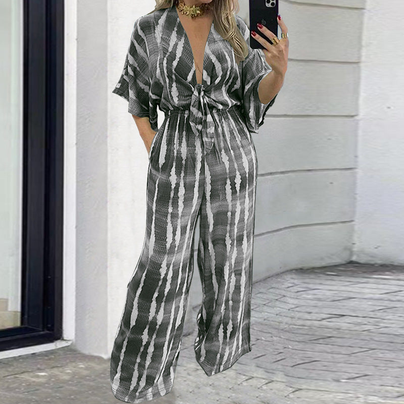 Plus Size Women Lace up Mid Sleeve Elastic Waist Straight Jumpsuit