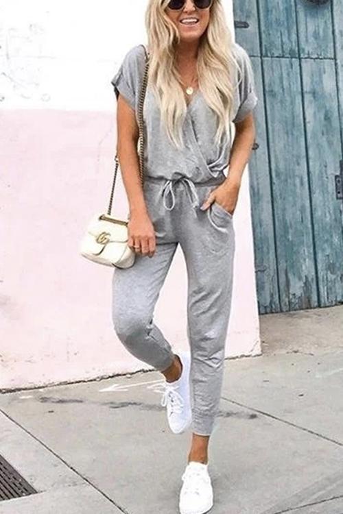 Heididress V Neck Tie Waist Solid Jumpsuit with Pockets